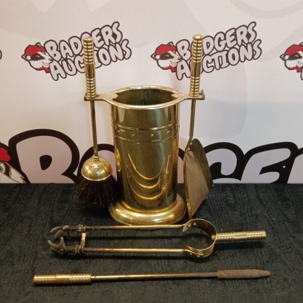 Vintage brass fireplace companion set with tools.