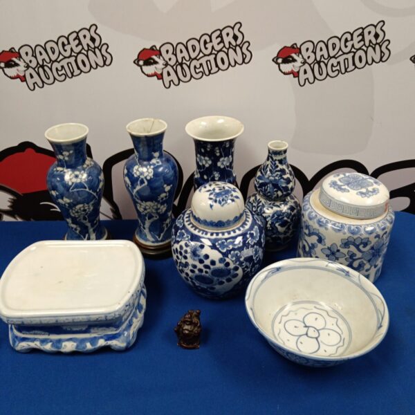 Antique Chinese blue and white porcelain collection with vases and ginger jar.