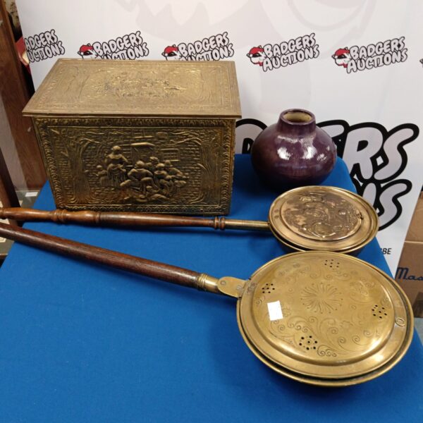 Antique brass log box and two vintage bed pans, a collectible lot.