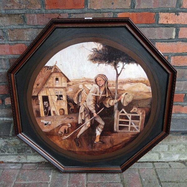 Large 19th-century oil painting of a medieval tavern with a vagrant and dog.