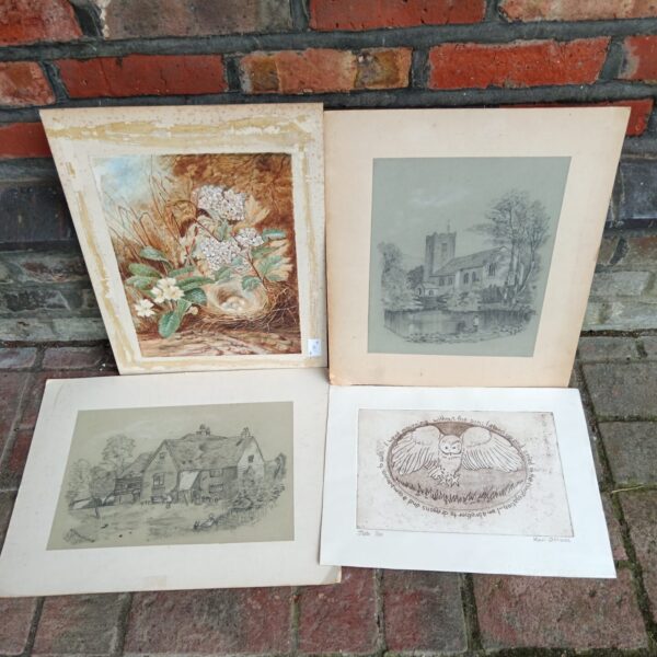 Antique pencil drawings of Grasmere Church and Hampstead Cottage, signed LMS 1902.