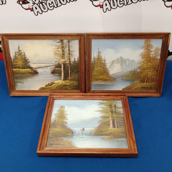 Vintage Atkinson & Hillcock oil painting of a woodland river scene.