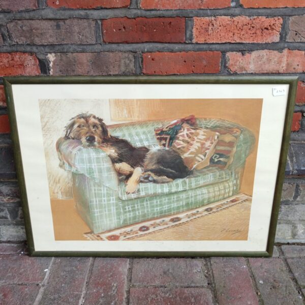 Limited edition J Crasssey print of a shaggy dog on a sofa.