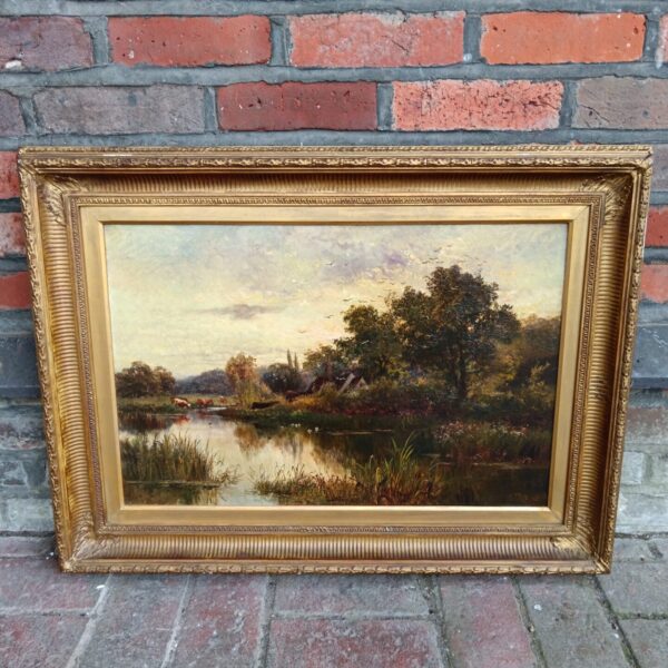 Antique Walter Waller Caffyn oil painting of cattle in a landscape.