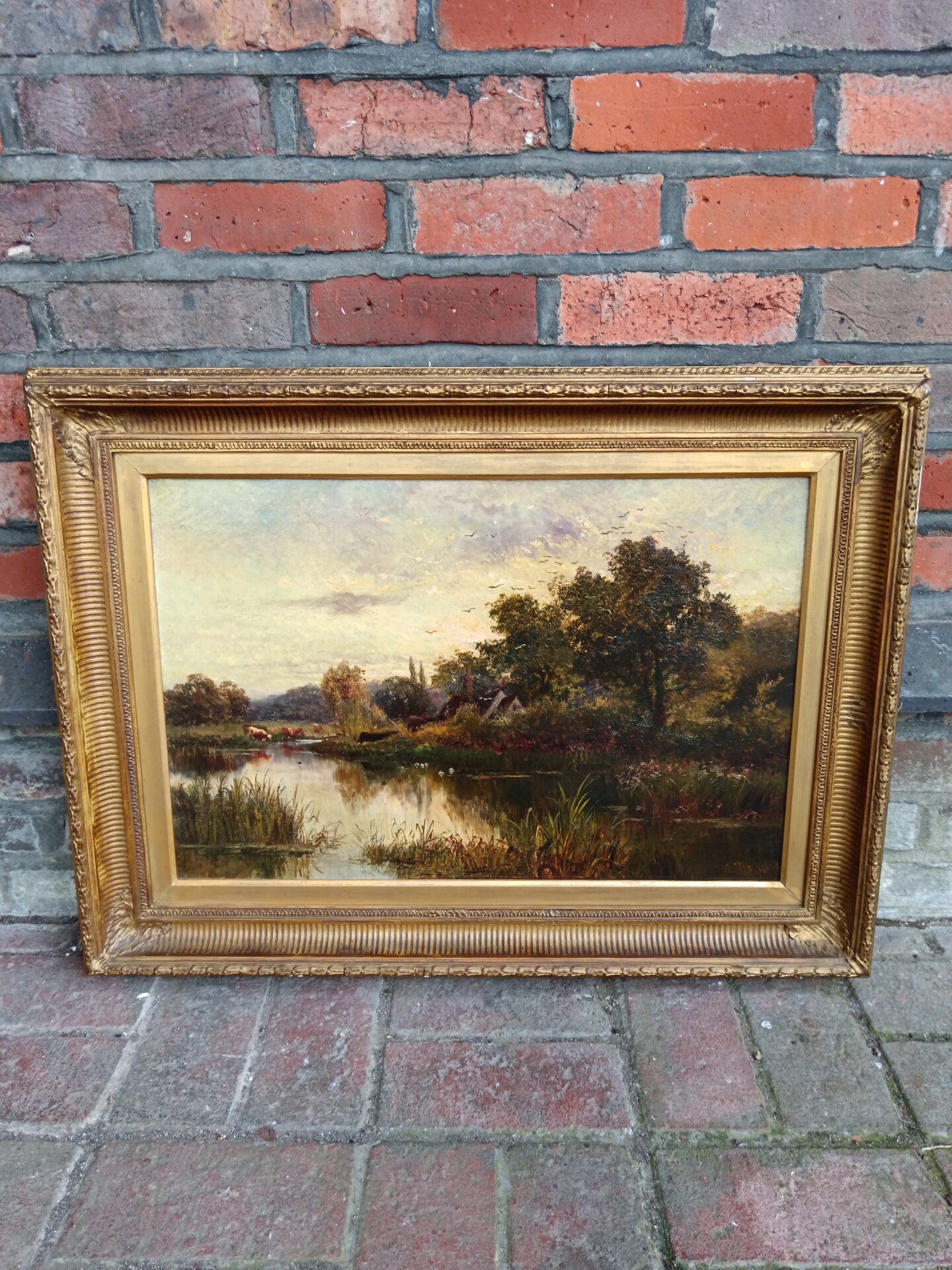 704 walter waller caffyn 1845-98 antique oil painting of cattle crossing ford