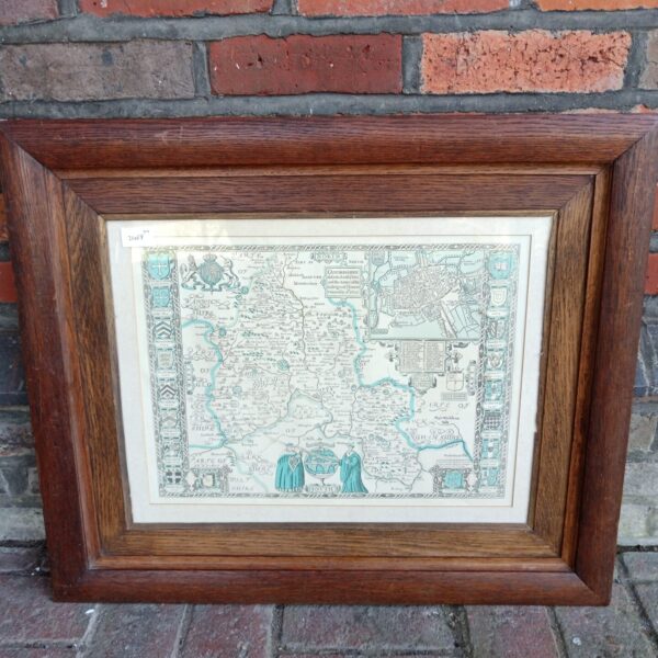 Framed reproduction of the 1605 map of Oxfordshire, detailed historical cartography.