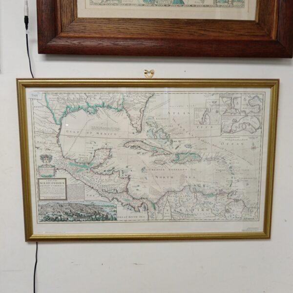 Gilt framed antique map of the West Indies, detailed cartography.