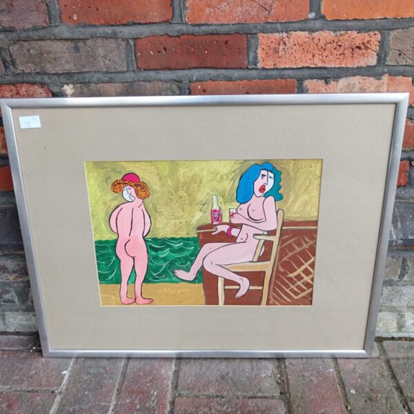 Vintage mid-century modern watercolour painting of nude figures at a beach bar.