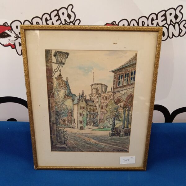 Signed vintage town street scene painting, detailed artwork.