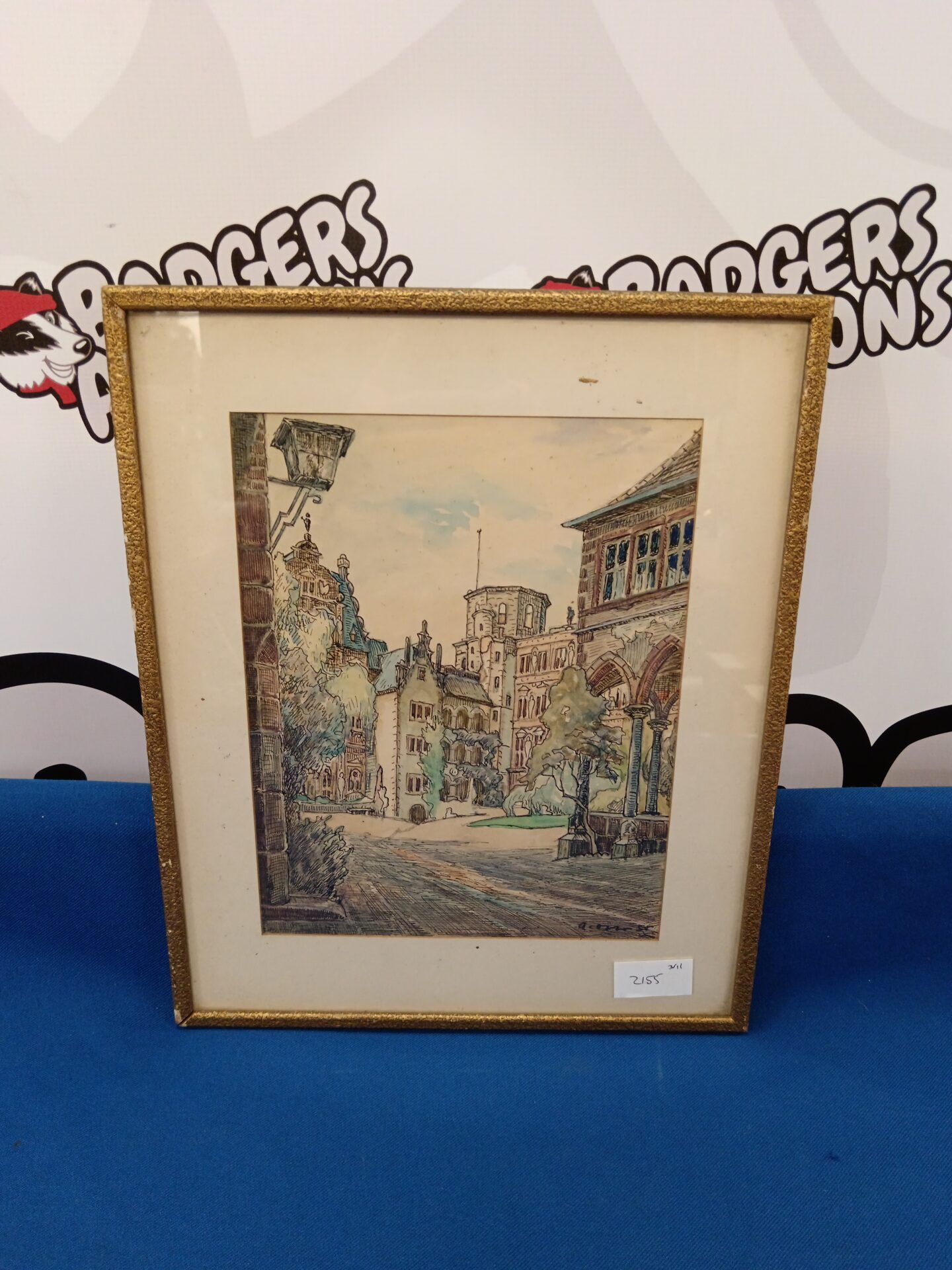 689 Original artist signed artwork of a town street scene