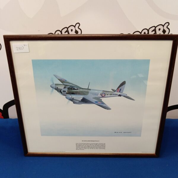 Framed Brian Knight print of a De Havilland Mosquito WWII aircraft.