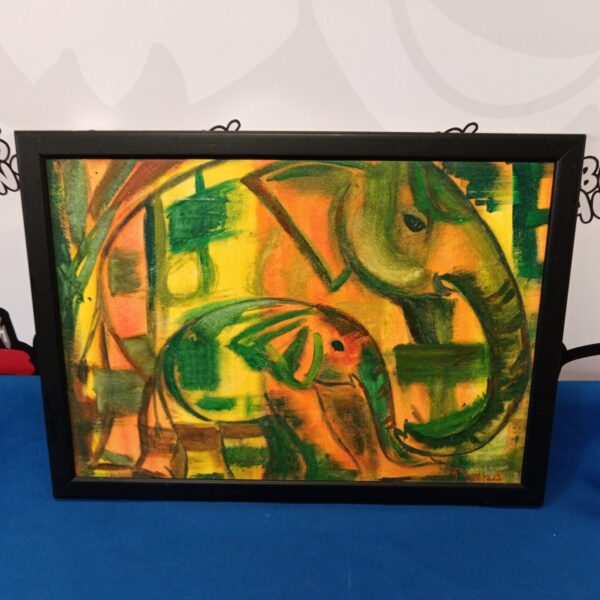 Colourful oil painting of elephants signed deeka.