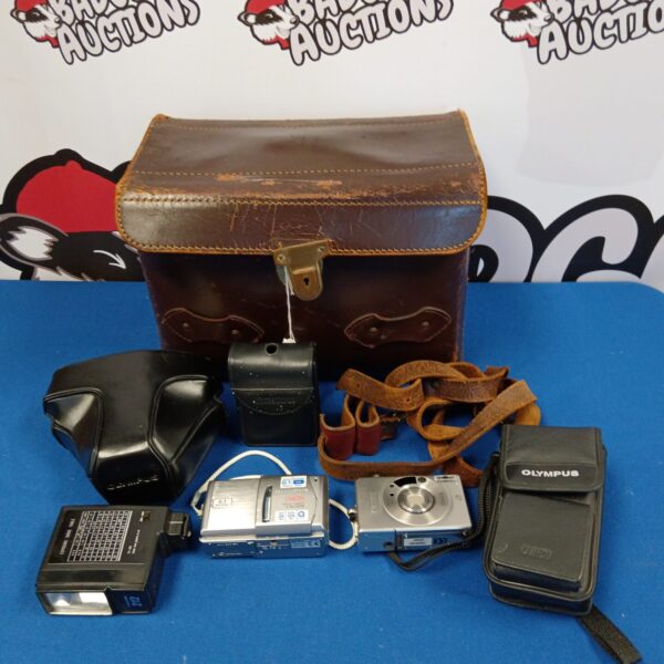 Vintage camera lot with leather bag and Olympus & Canon cameras.