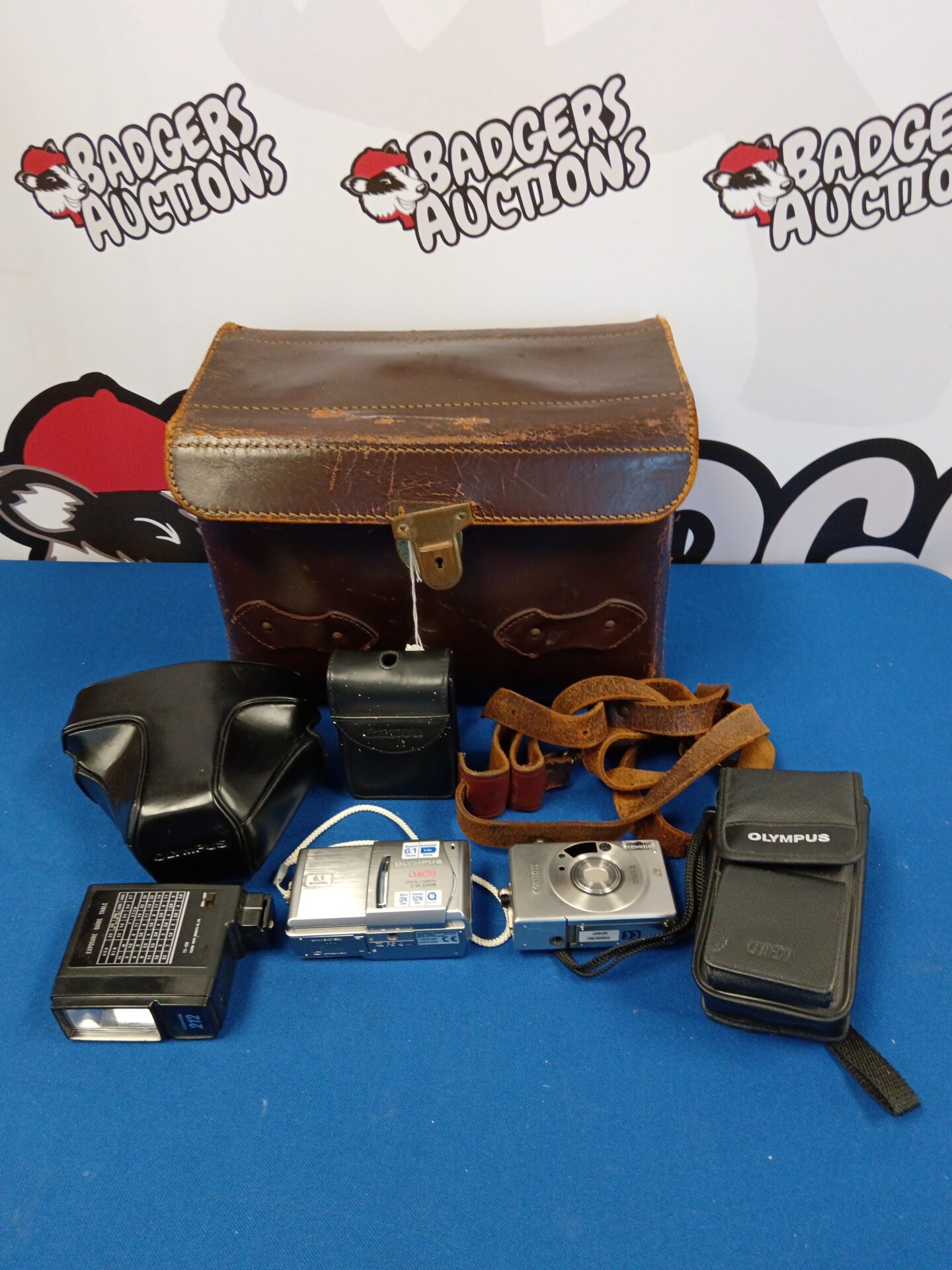 738 Vintage leather camera bag with cameras including Olympus & canon