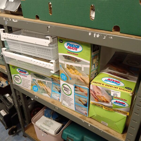 Lot of six clear plastic Fridge Mate pull out drawers for kitchen storage.