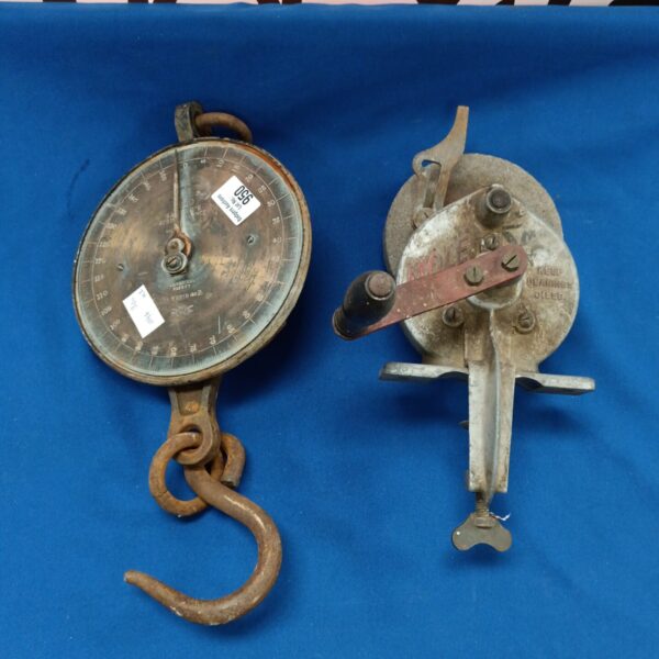 Vintage Salter scales and Mole hand grinder, antique tools.
