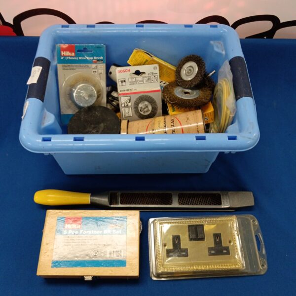 Hilka bit set and assorted tools in a plastic storage box.