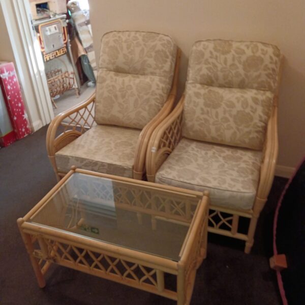 Vintage bamboo conservatory furniture set with glass table.