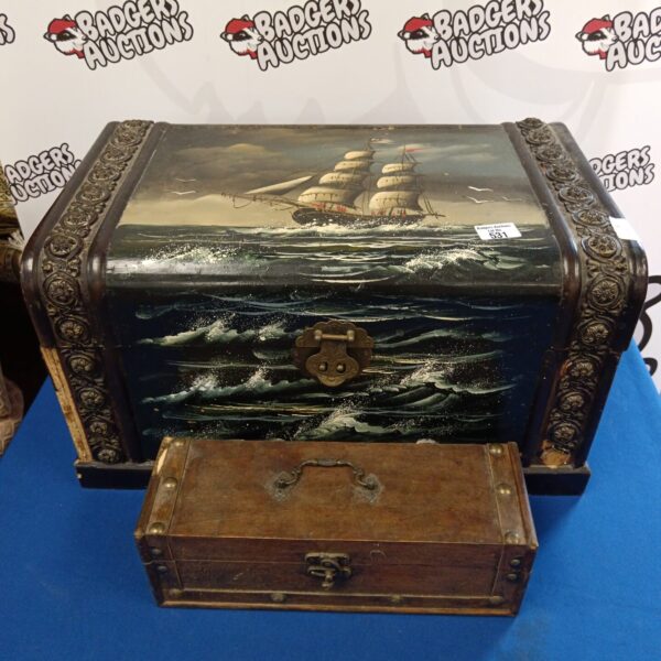 Antique hand-painted treasure chest with nautical scene.