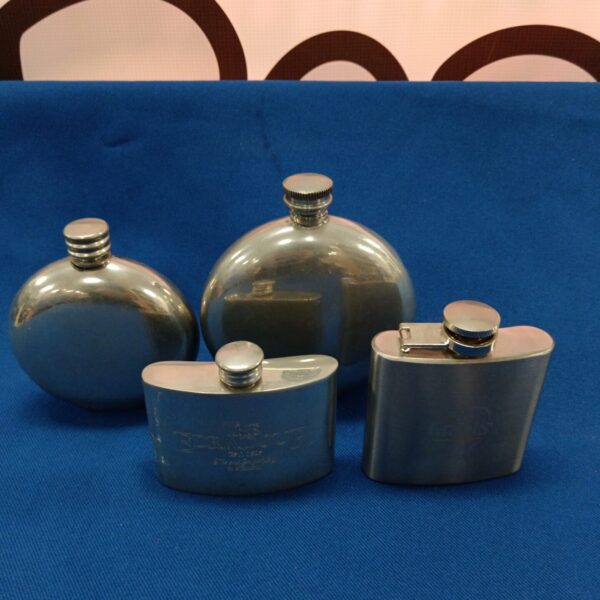 Vintage stainless steel hip flask set, collectible barware.