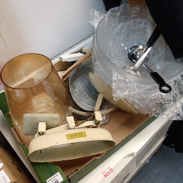 Vintage glass punch bowls and Harper scales in a mixed lot.