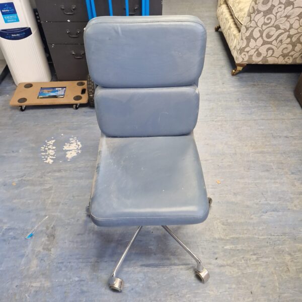 Vintage blue leather office chair with swivel base.
