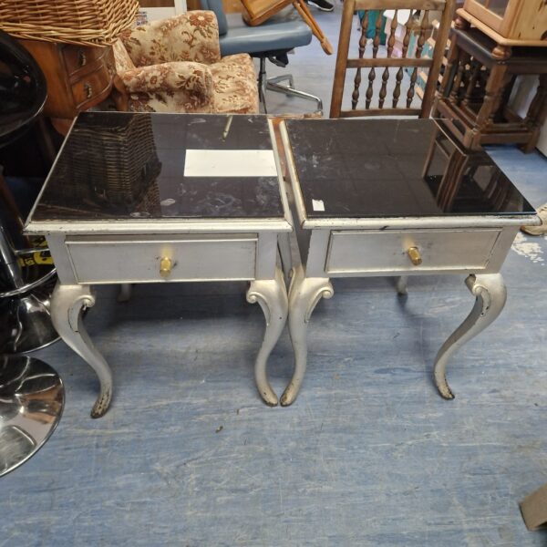 Pair of vintage French Rococo bedside tables with glass tops.