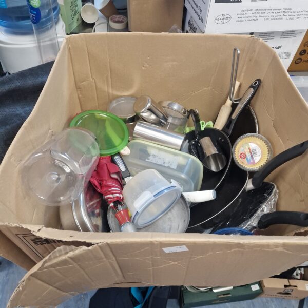 Mixed kitchen utensil lot with pans and containers.