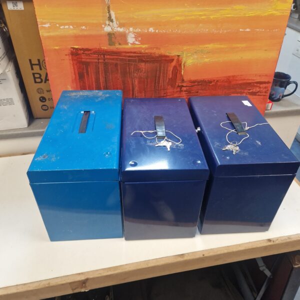 Lot of three vintage metal filing boxes with keys.