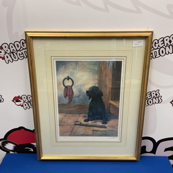 Signed limited edition John Lewis Fitzgerald black Labrador puppy print.