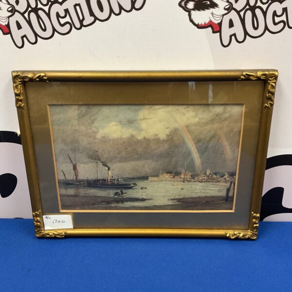 Edwardian coastal print featuring a steam boat and rainbow scene.