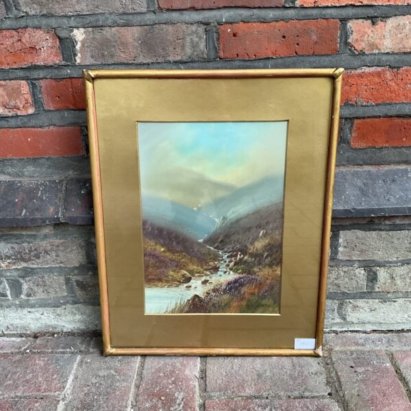 Antique Scottish Highlands watercolour painting with a winding river.