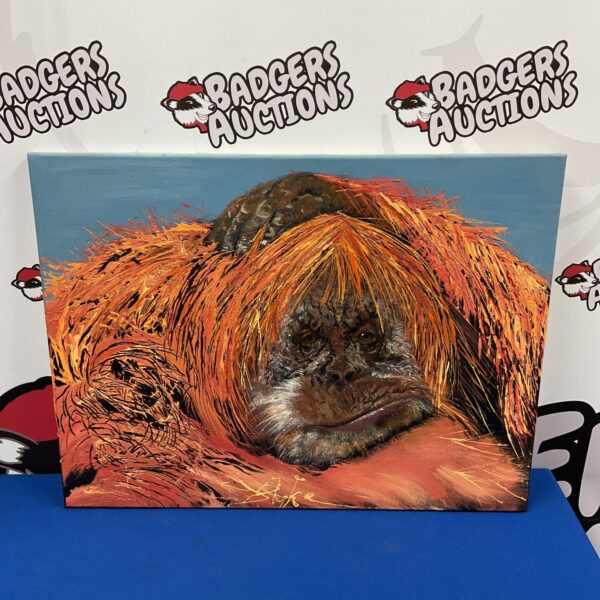 Vibrant oil painting of an orangutan with a playful expression by Blake.