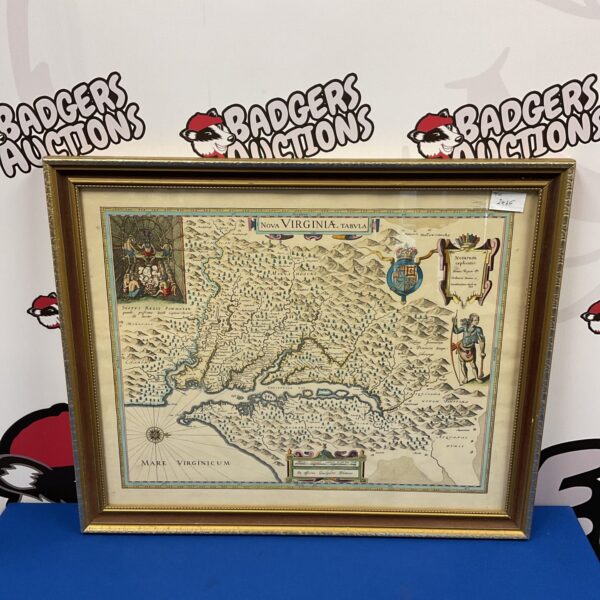 Detailed 17th-century hand-coloured map of Virginia, antique cartography.