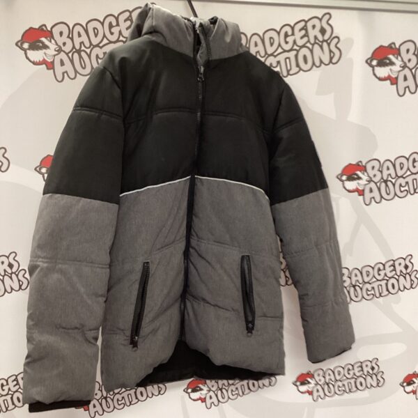 Level Up size S padded jacket, black and grey colour block design.
