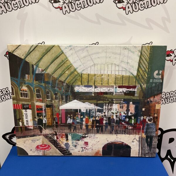Colourful canvas print of a lively European market scene.