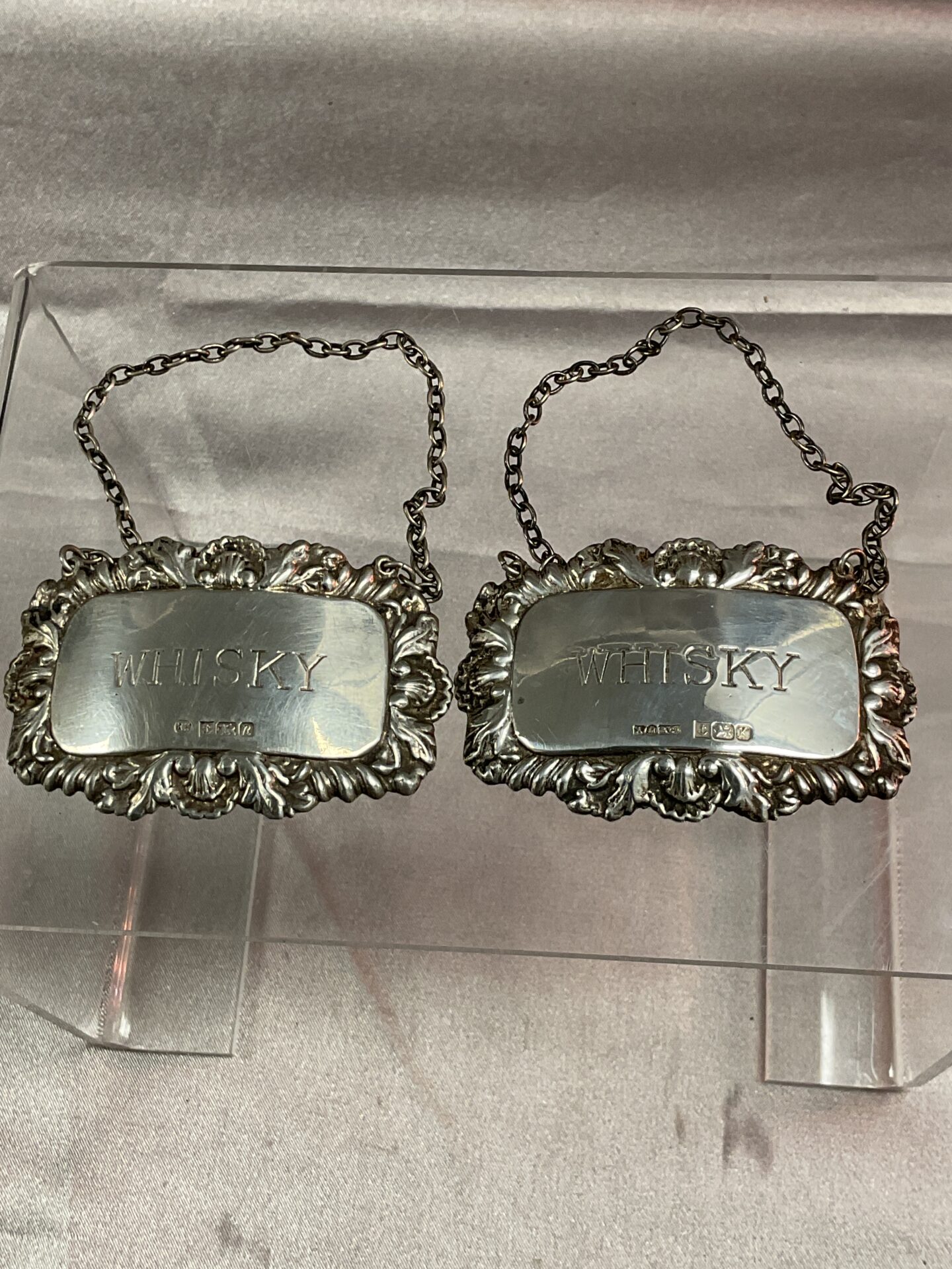 863 Two Hallmarked Silver whiskey decanter labels 27.7g