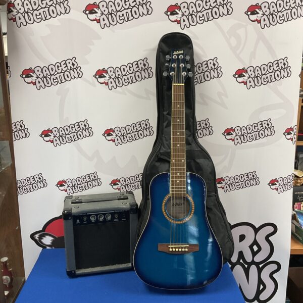 Blue Ashton Joeycousticbb child’s acoustic guitar with Rocket 10 amplifier.