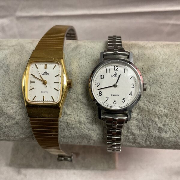 Pair of vintage Lorus ladies wristwatches with gold-tone bracelets.