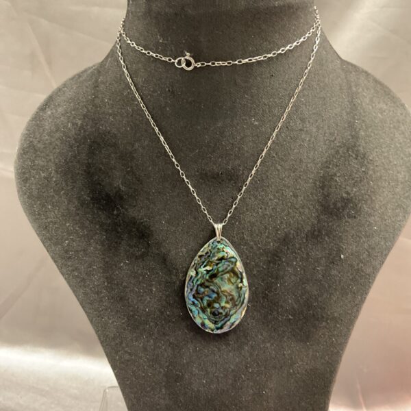 Iridescent silver abalone shell pendant on a 20 inch necklace.