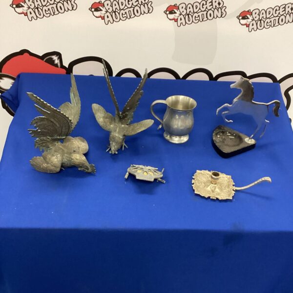 Vintage metalware lot featuring cockerel figurines and a small cup.