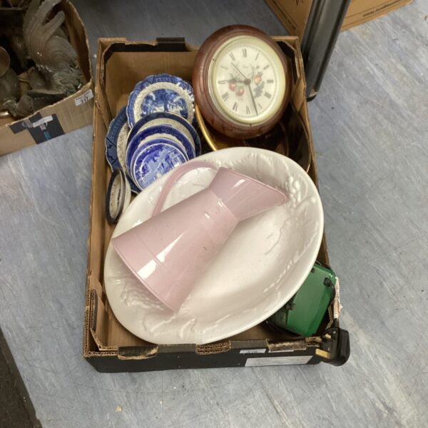 Vintage metal jug and ceramic plates in a mixed lot.