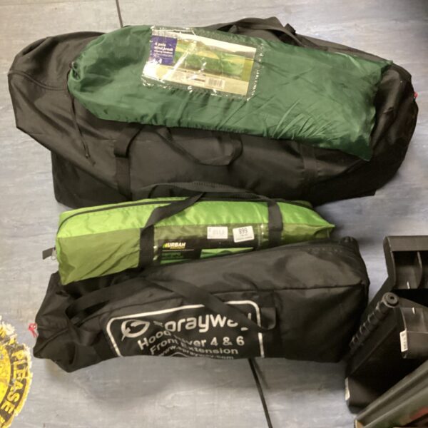 Used Sprayway Hood River 4 tent with extension and windbreakers.