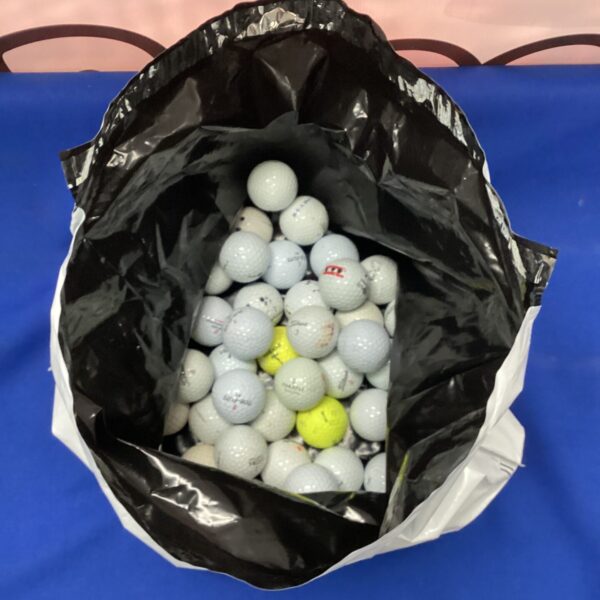 Assorted used golf balls including Trimite and Molitor brands in a bag.