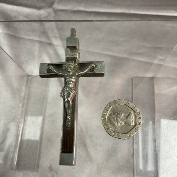 Vintage whitemetal crucifix with wood inlay, religious pendant.
