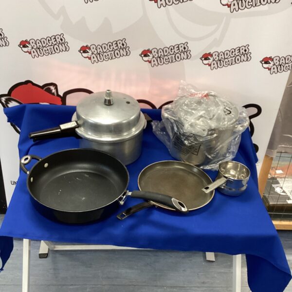 Vintage Tower pressure cooker and stainless steel pans set.