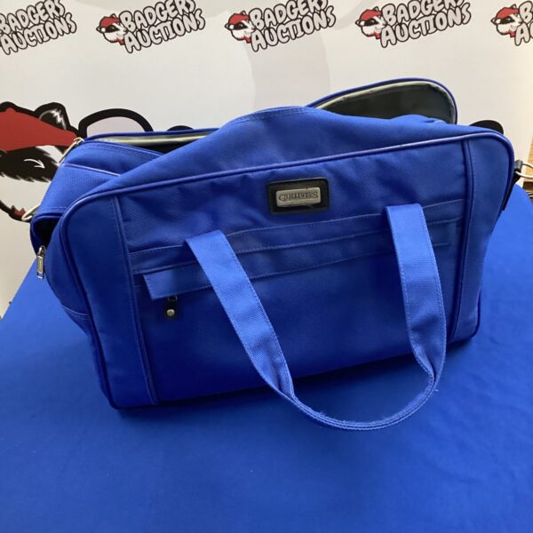 Vintage blue Gullivers bag, classic travel luggage.