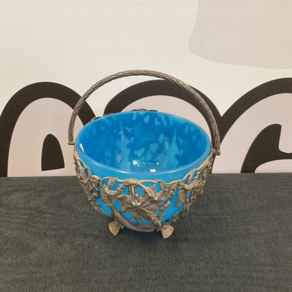 Vintage pewter and blue glass bowl, decorative collectible.
