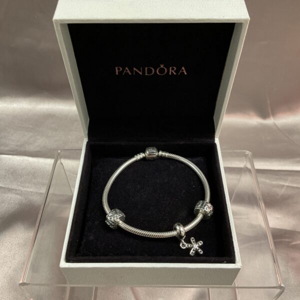 Silver Pandora bracelet with attached charms, a beautiful fashion accessory.