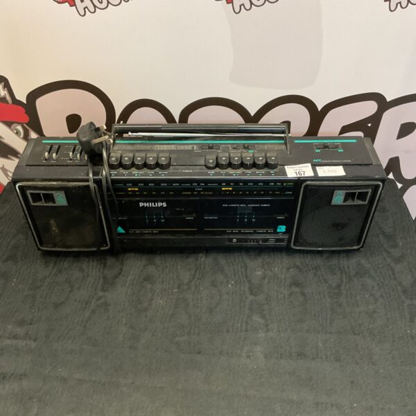Vintage Philips double cassette player boombox with dual decks.